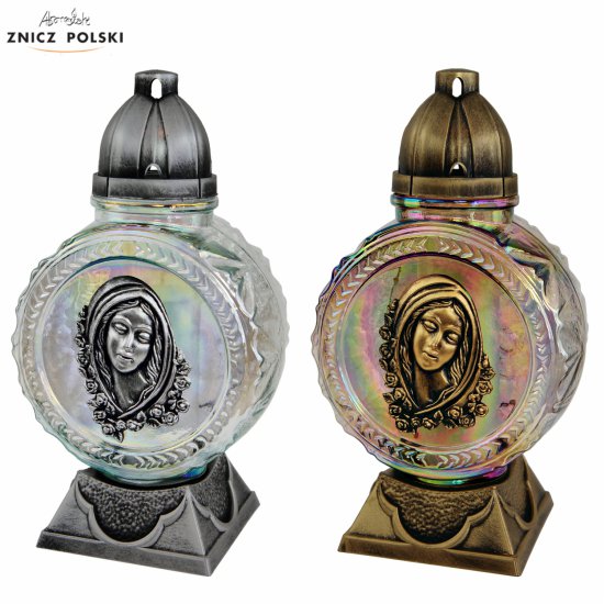 OK4 MB - round rainbow glass grave light with the image of the Virgin Mary